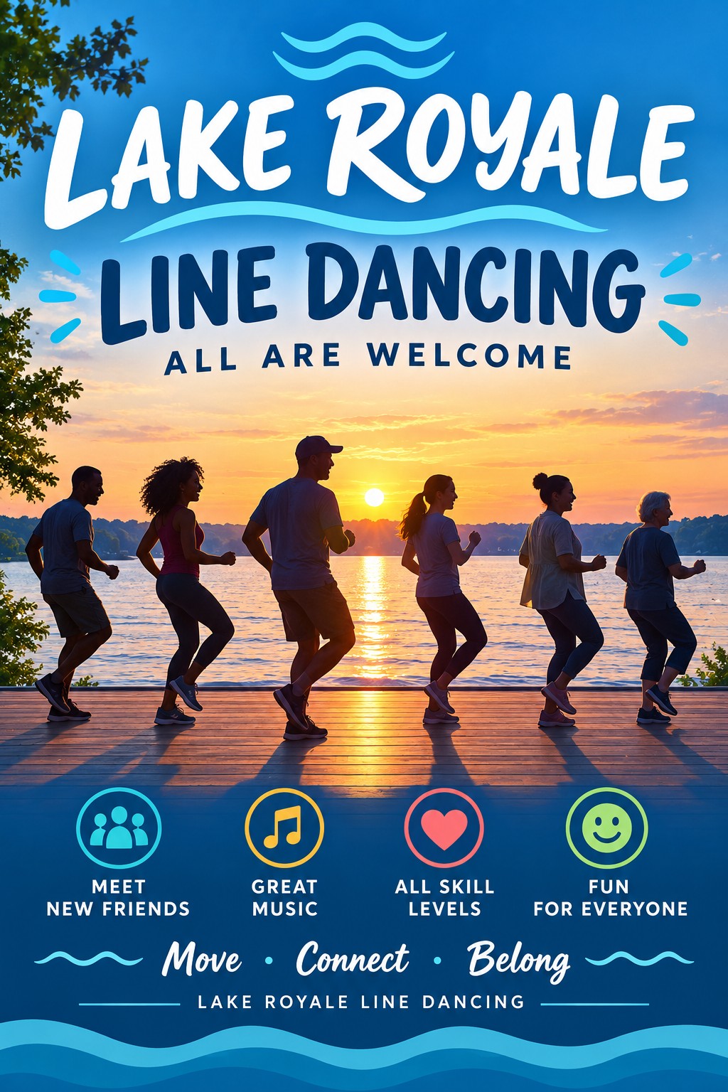 Lake Royale Line Dancing — residents dancing on the dock at sunset