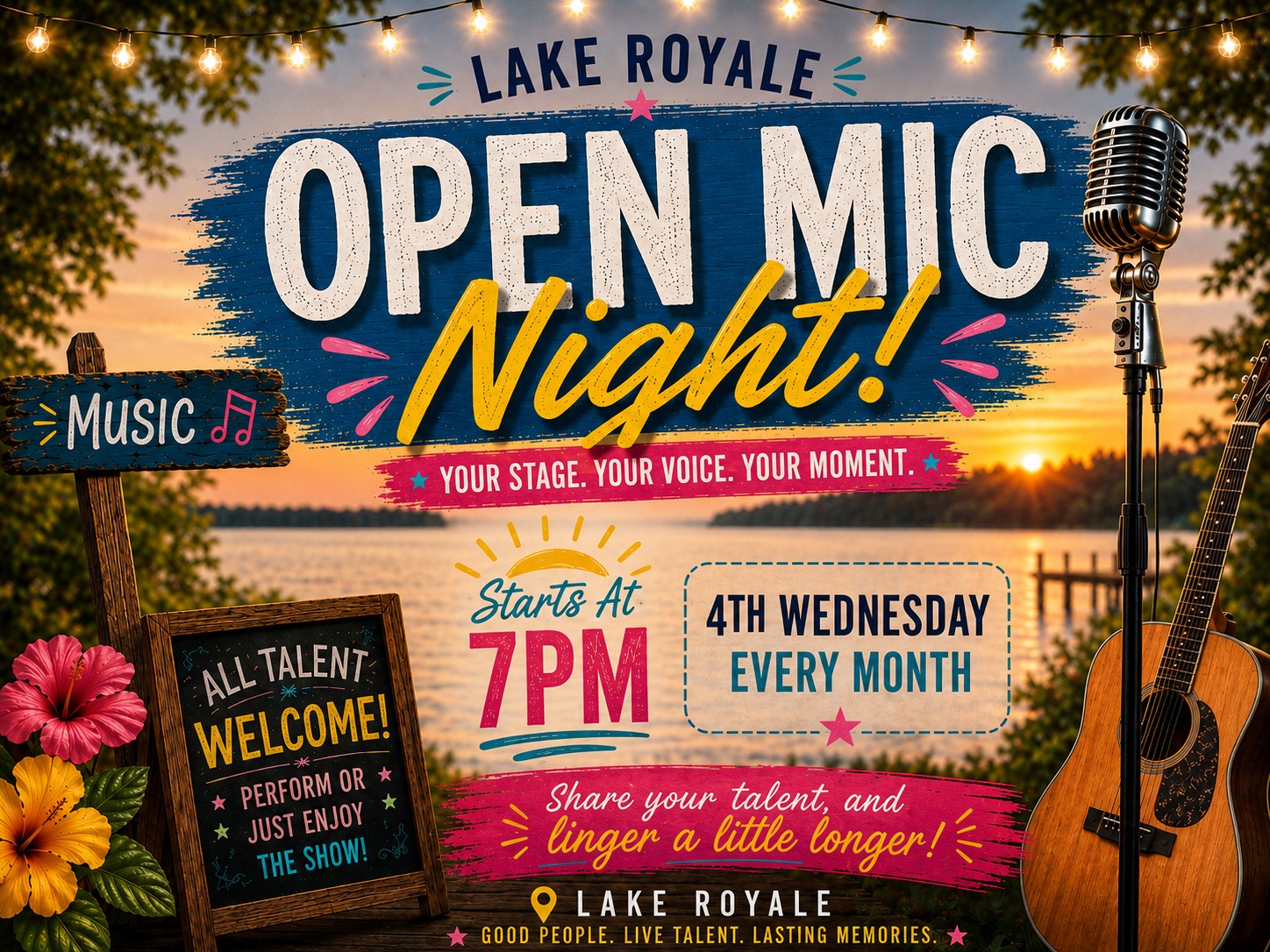 Lake Royale Open Mic Night poster — sunset over the lake with a microphone and guitar